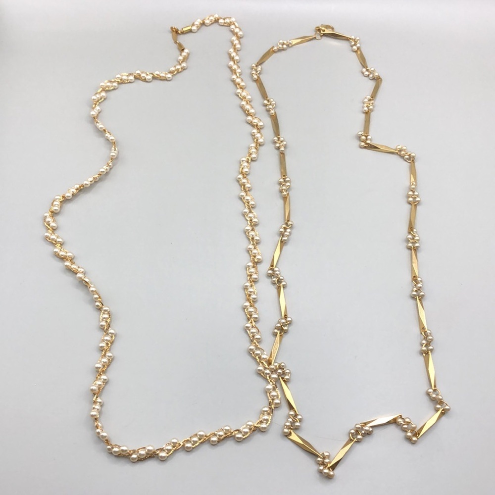 Curated bundle vintage costume style gold tone chain necklaces with faux pearls
